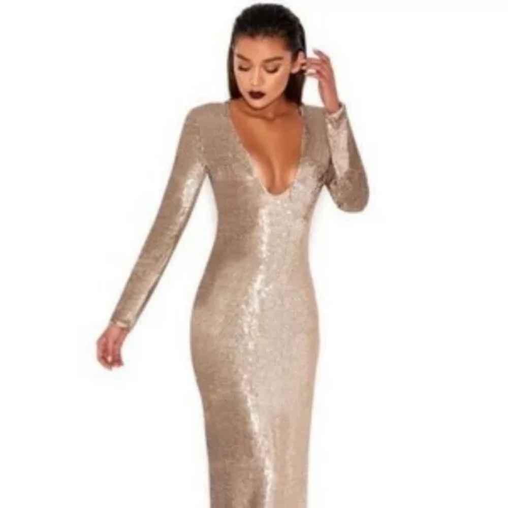 House of CB New With Tags Evening Gown Metallic Sequins Maxi Marrero Gold Dress